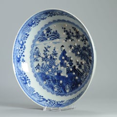 Pair Qing Dynasty Blue & White Porcelain Strainers Lady in Garden Scene 18th C