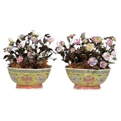 Pair Qing Period Chinese Porcelain Jardinieres with Porcelain Flowers Inserts
