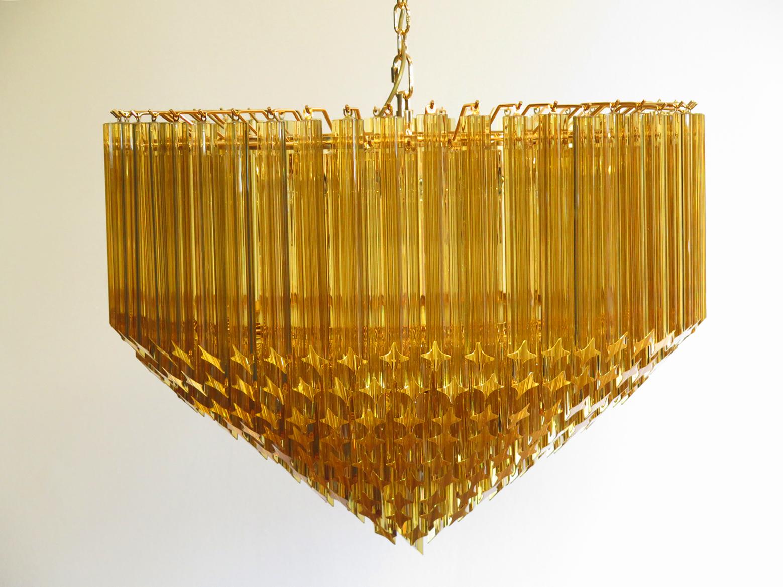 Pair of Quadriedri Murano Glass Chandelier, 265 Amber Prism, Gold Frame For Sale 10