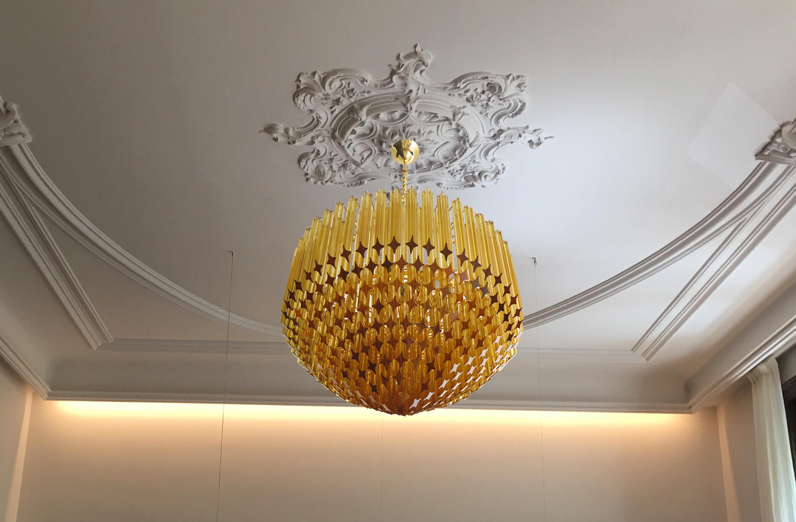 Pair of Quadriedri Murano Glass Chandelier, 265 Amber Prism, Gold Frame In Excellent Condition For Sale In Budapest, HU