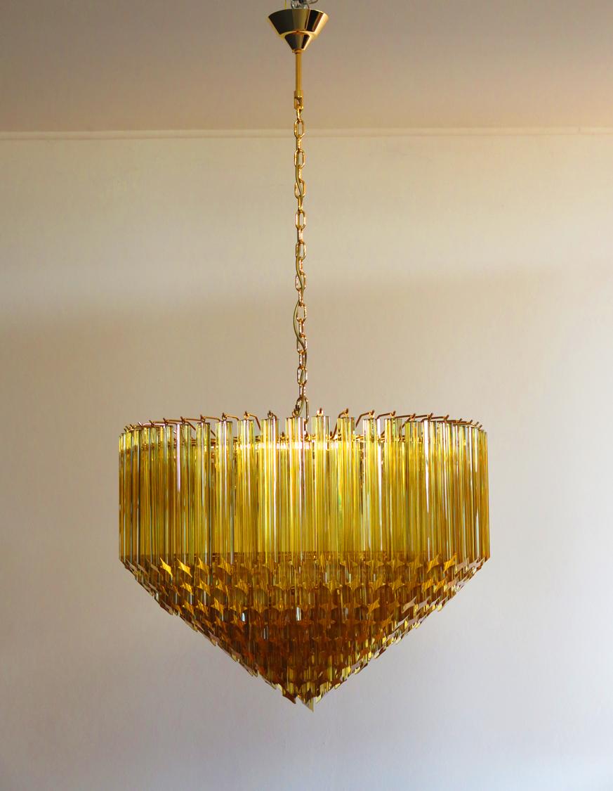 Metal Pair of Quadriedri Murano Glass Chandelier, 265 Amber Prism, Gold Frame For Sale