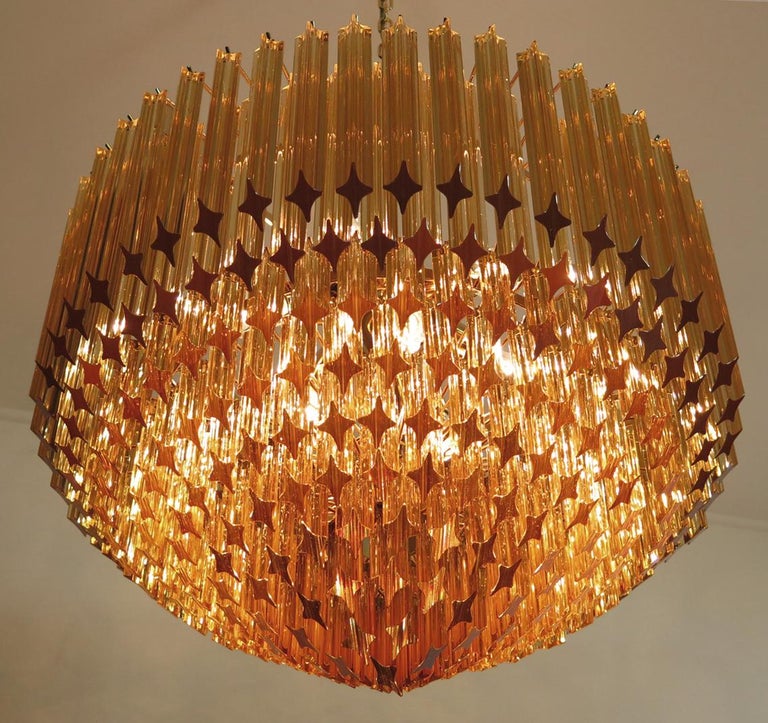 Pair of Quadriedri Murano Glass Chandelier, 265 Amber Prism, Gold Frame For Sale 2