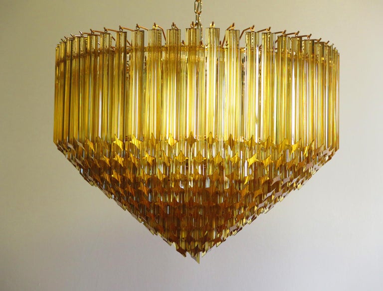 Pair of Quadriedri Murano Glass Chandelier, 265 Amber Prism, Gold Frame For Sale 3