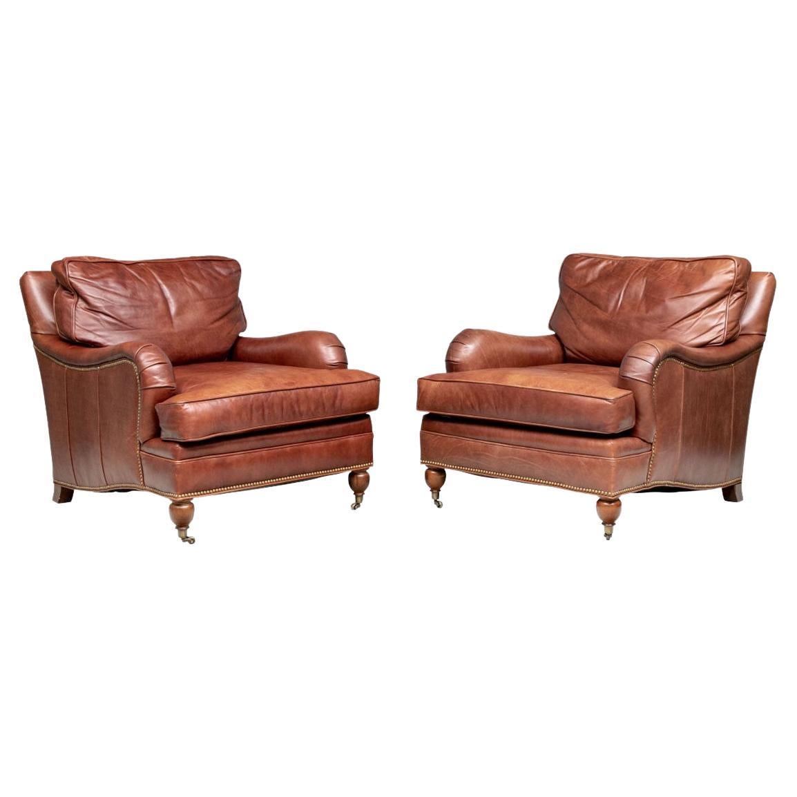 Pair Quality Brown Leather Club Chairs by Century