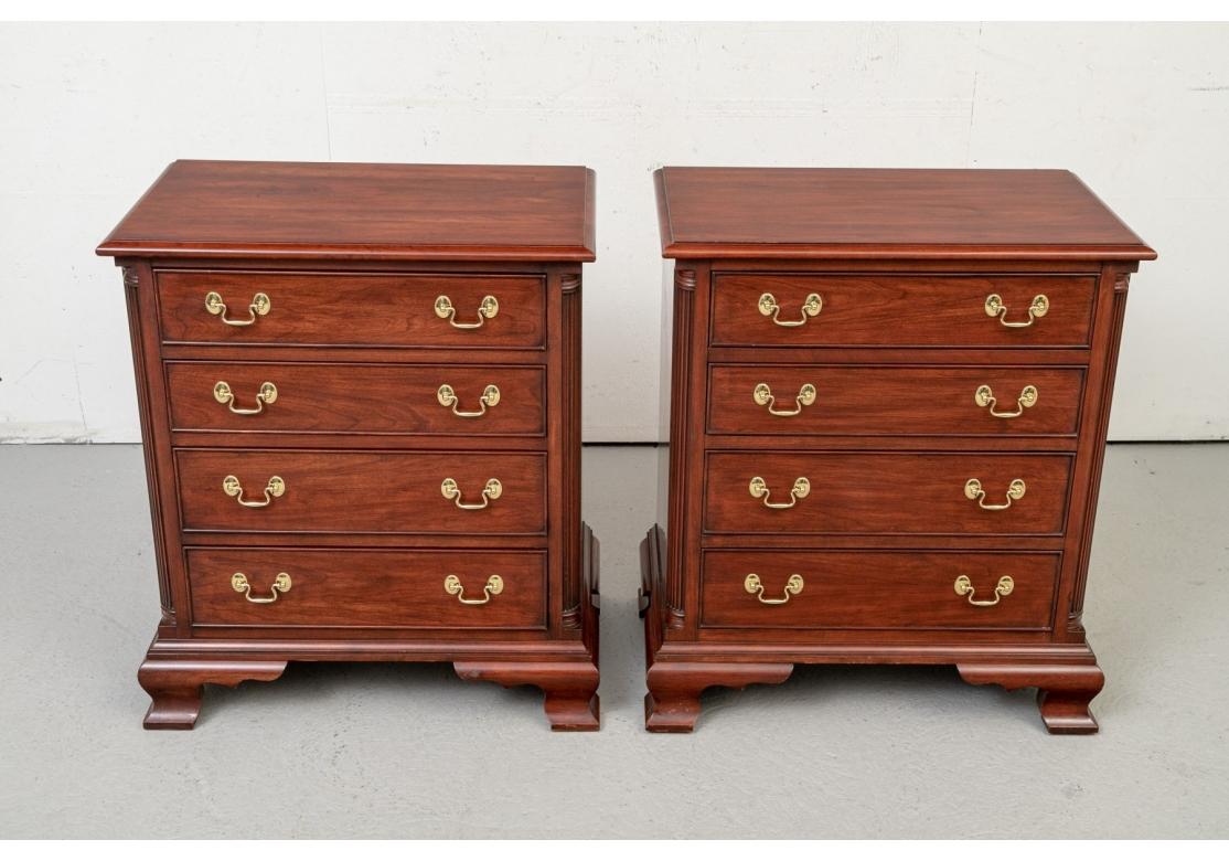 Fine quality construction for the pair of chests in a diminutive size that is useful for decorating. Each with an overhanging top with carved edge over four drawers with fine brass bales. Raised on wide bracket feet all around.
Measures: H. 31