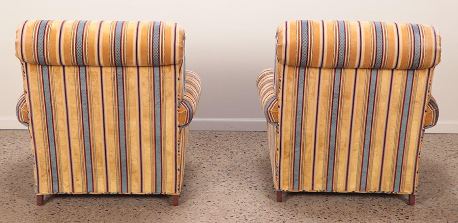 Pair quality upholstered club chairs in striped fabric having brass castors 3