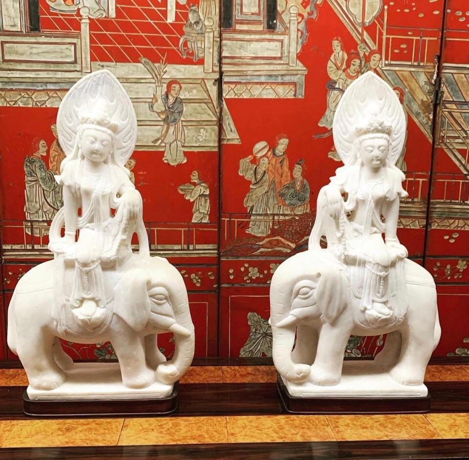 Pair Quan Yin Marble Figures Riding Elephants, Late 19th Century 6