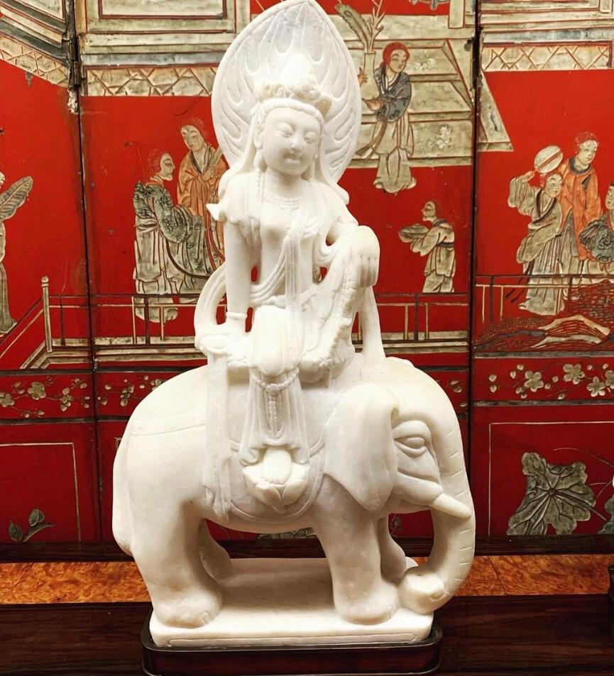 Qing Pair Quan Yin Marble Figures Riding Elephants, Late 19th Century