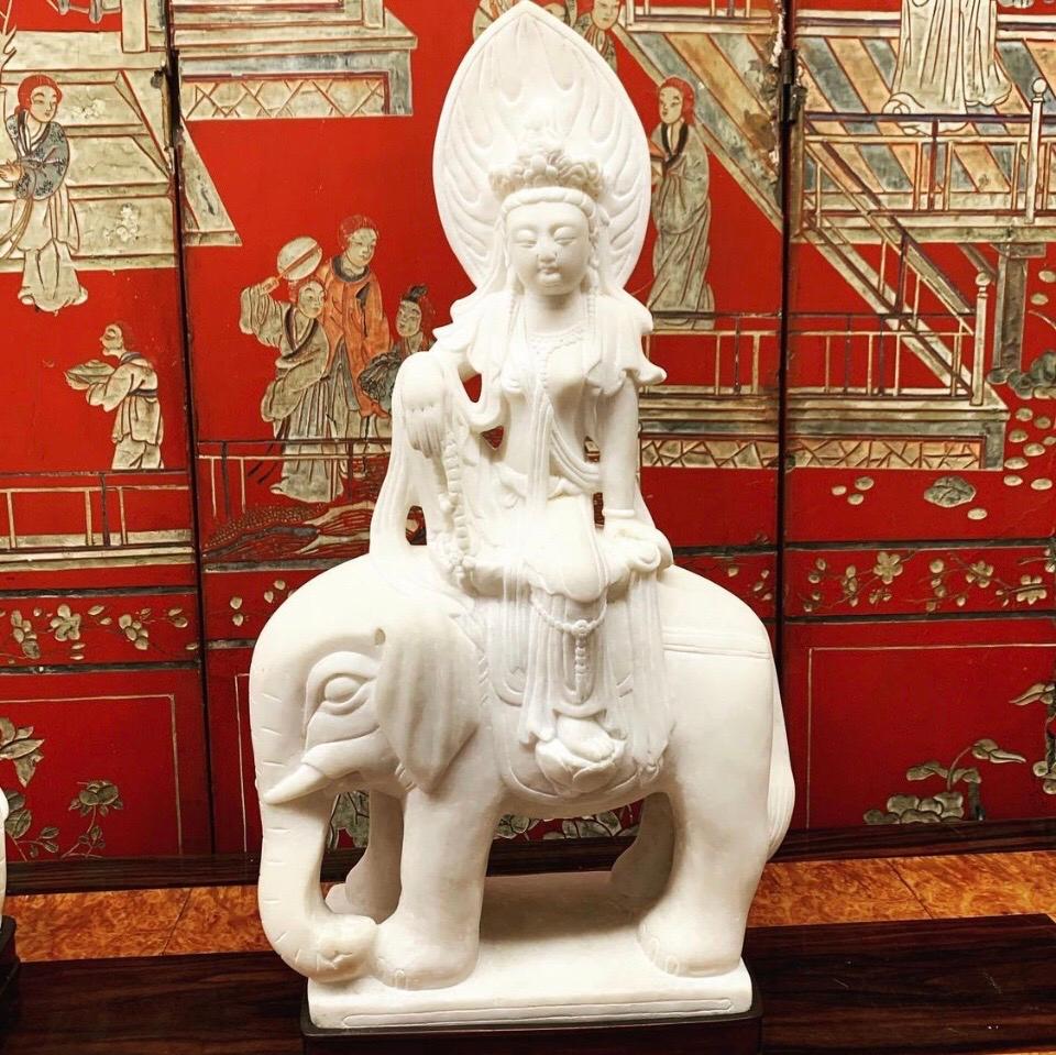 Chinese Pair Quan Yin Marble Figures Riding Elephants, Late 19th Century