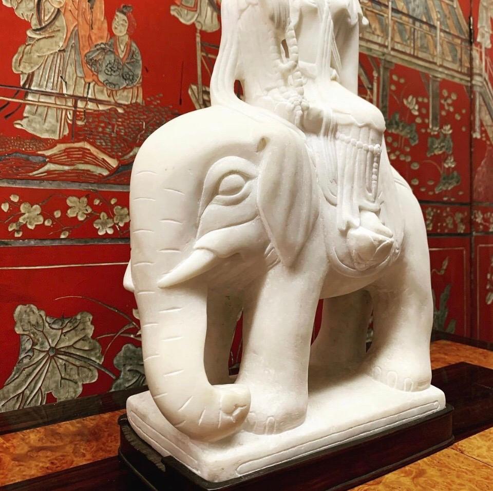 Pair Quan Yin Marble Figures Riding Elephants, Late 19th Century 2