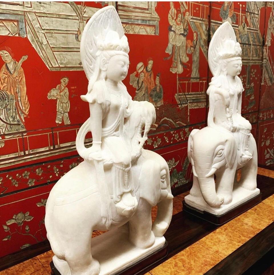 Pair Quan Yin Marble Figures Riding Elephants, Late 19th Century 4
