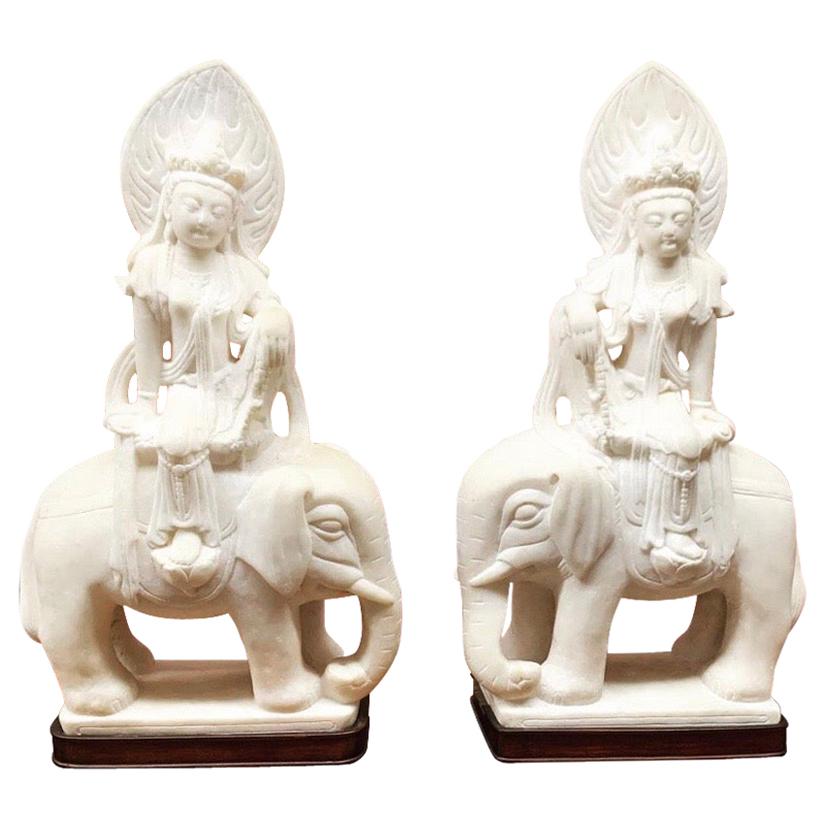 Pair Quan Yin Marble Figures Riding Elephants, Late 19th Century