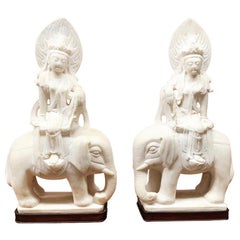 Antique Pair Quan Yin Marble Figures Riding Elephants, Late 19th Century