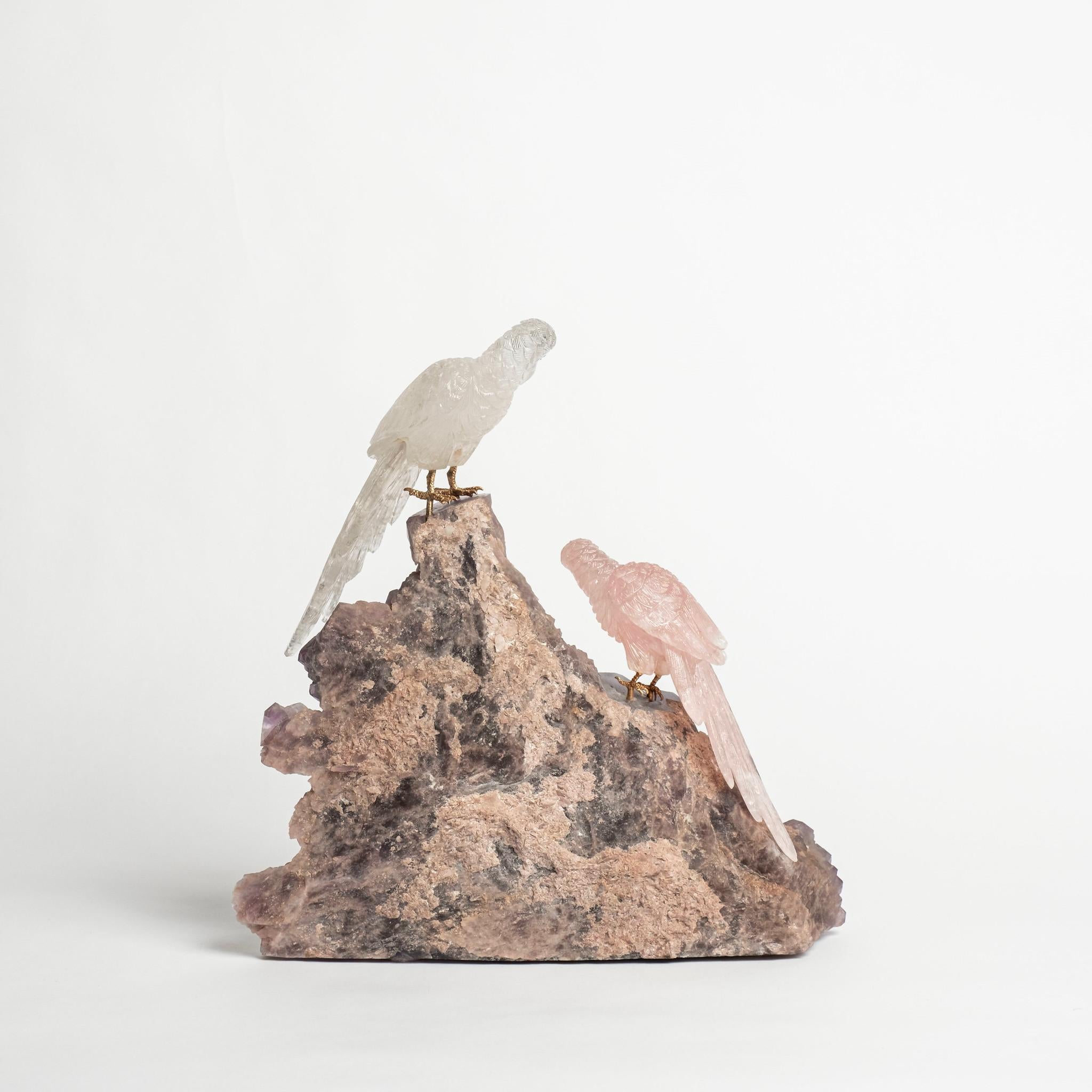 Paire de perroquets en quartz sur base en améthyste Neuf - En vente à Houston, TX