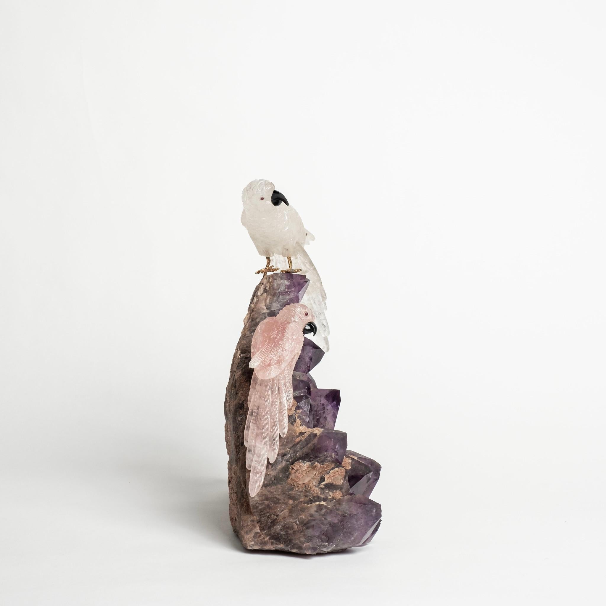 XXIe siècle et contemporain Paire de perroquets en quartz sur base en améthyste en vente