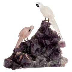 Pair Quartz Parrots on Amethyst Base