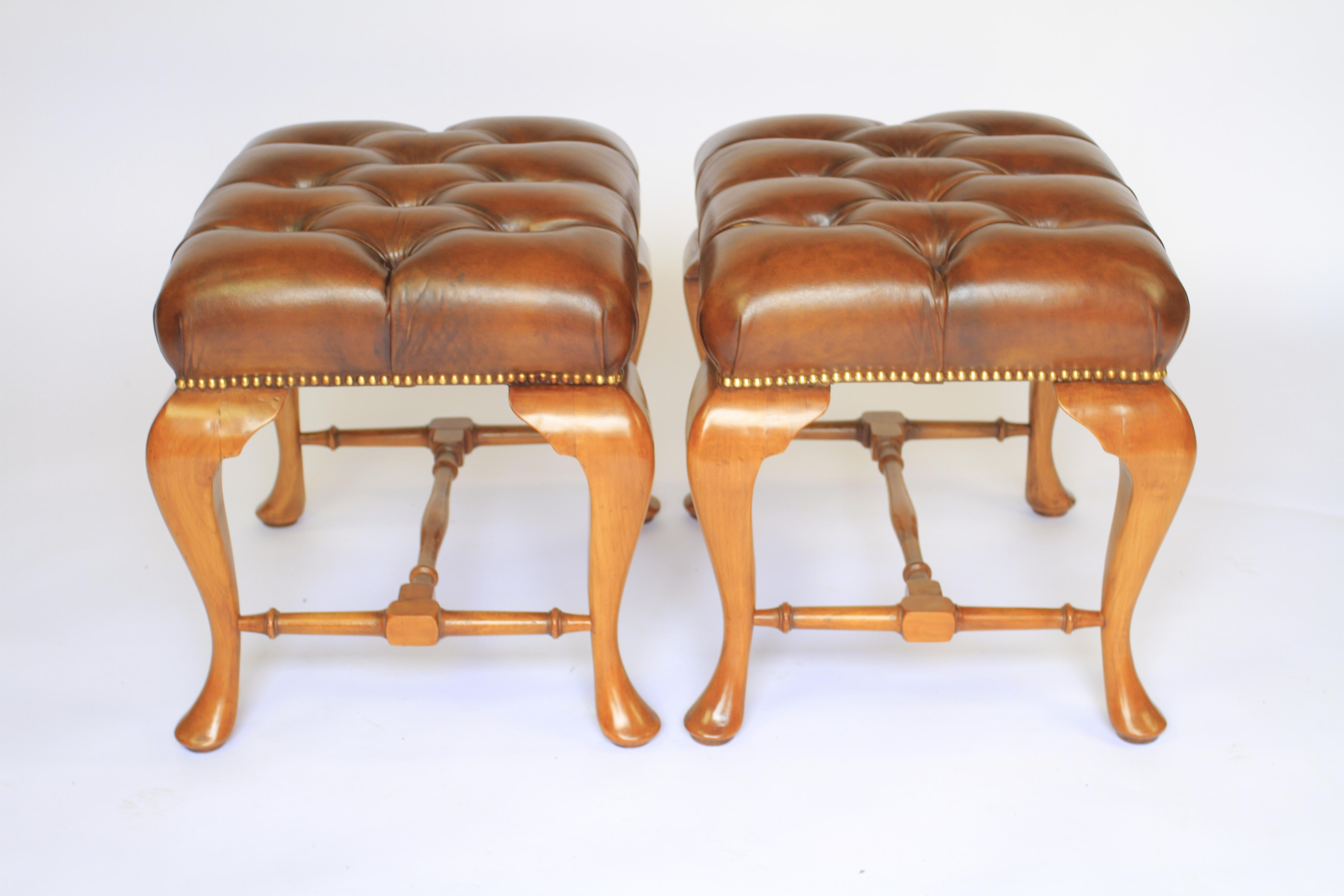 British Pair Queen Anne Revival Walnut Foot Stools circa 1920s For Sale