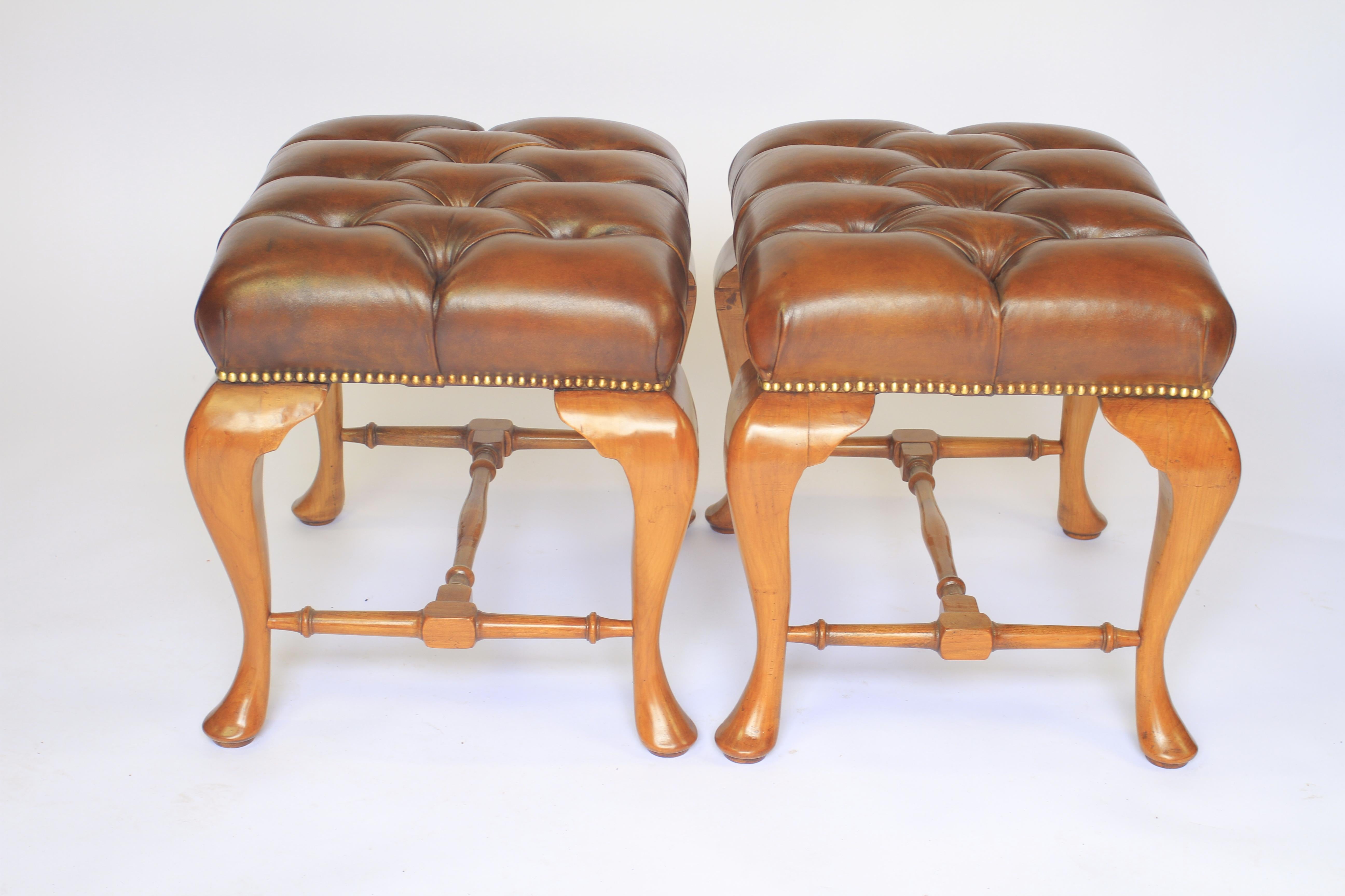 Polished Pair Queen Anne Revival Walnut Foot Stools circa 1920s For Sale
