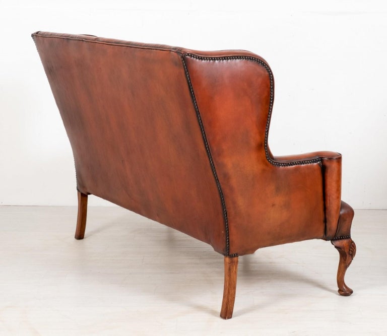 Pair Queen Anne Settee Sofa Leather Arm Chairs For Sale at 1stDibs