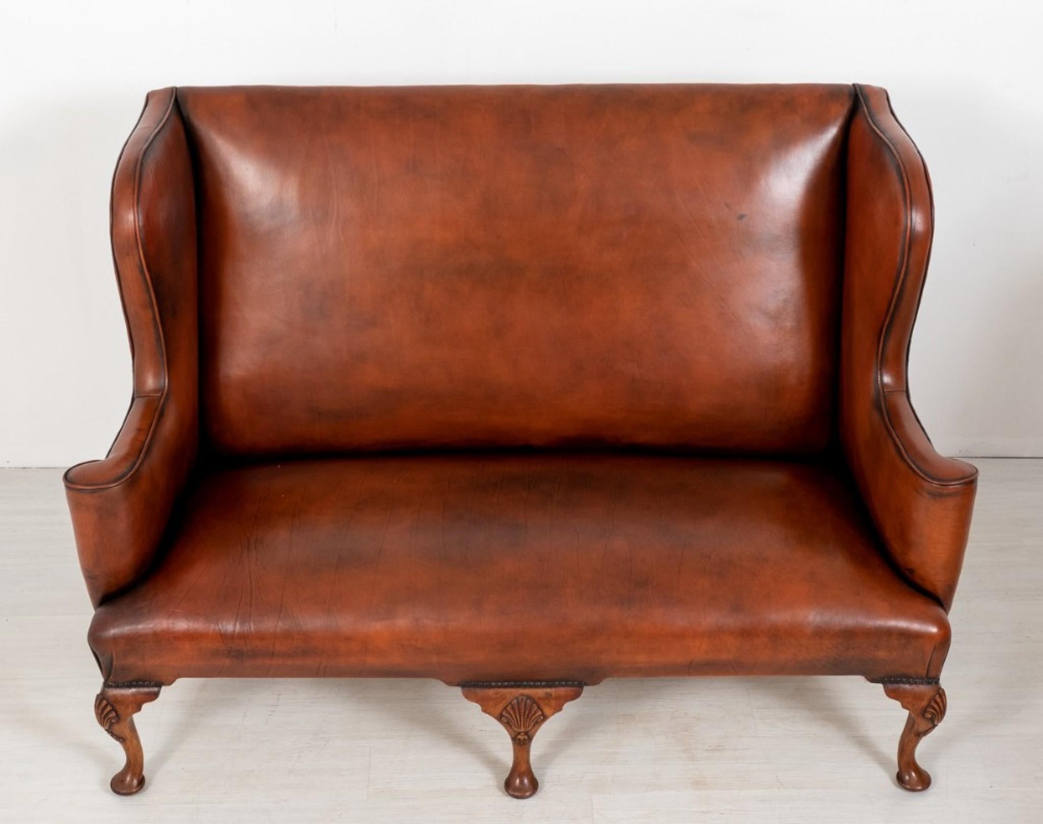 Early 20th Century Pair Queen Anne Settee Sofa Leather Arm Chairs For Sale