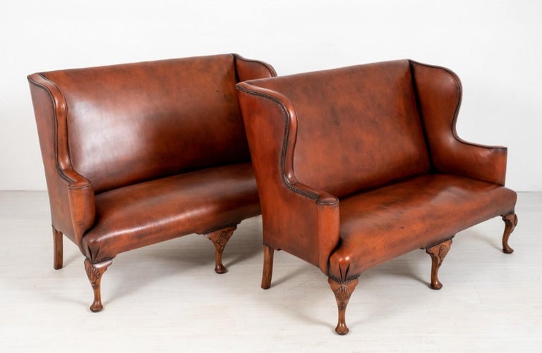 Pair Queen Anne Settee Sofa Leather Arm Chairs For Sale at 1stDibs