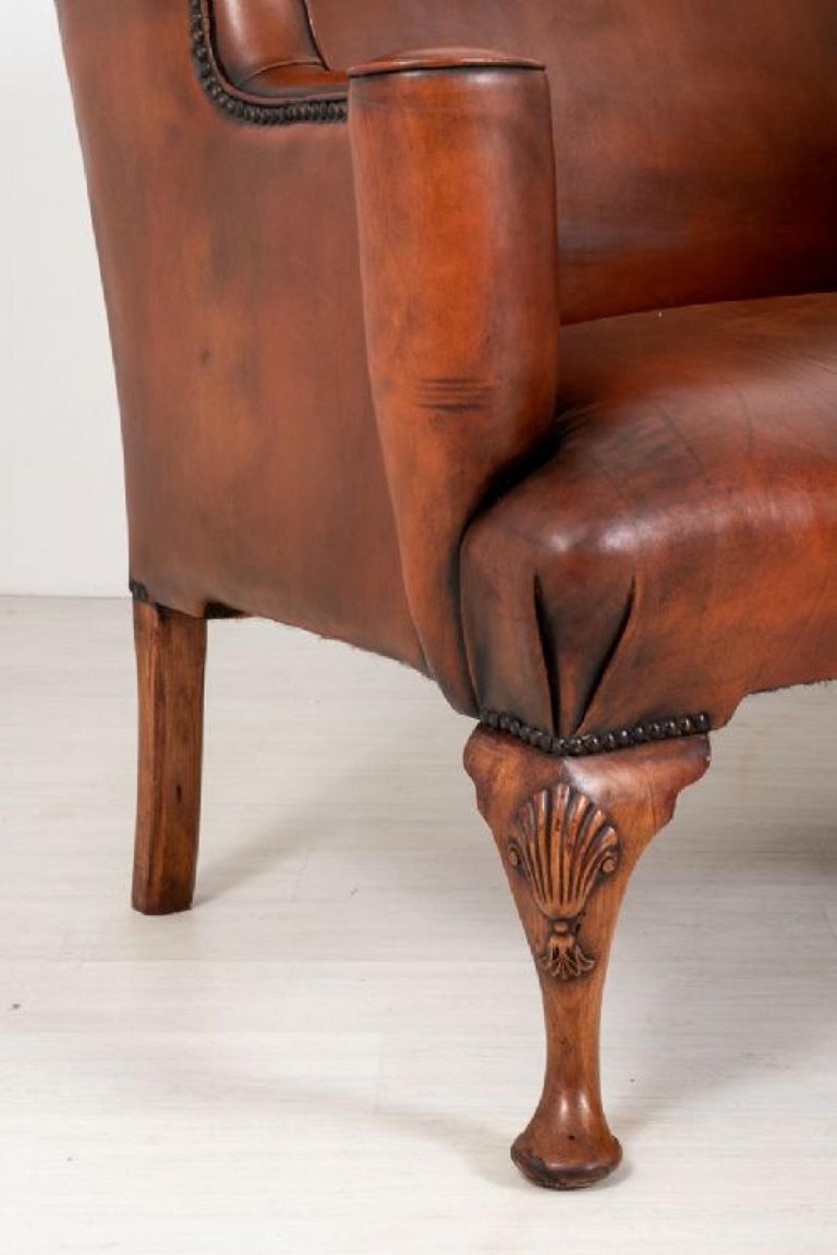 Pair Queen Anne Settee Sofa Leather Arm Chairs For Sale at 1stDibs