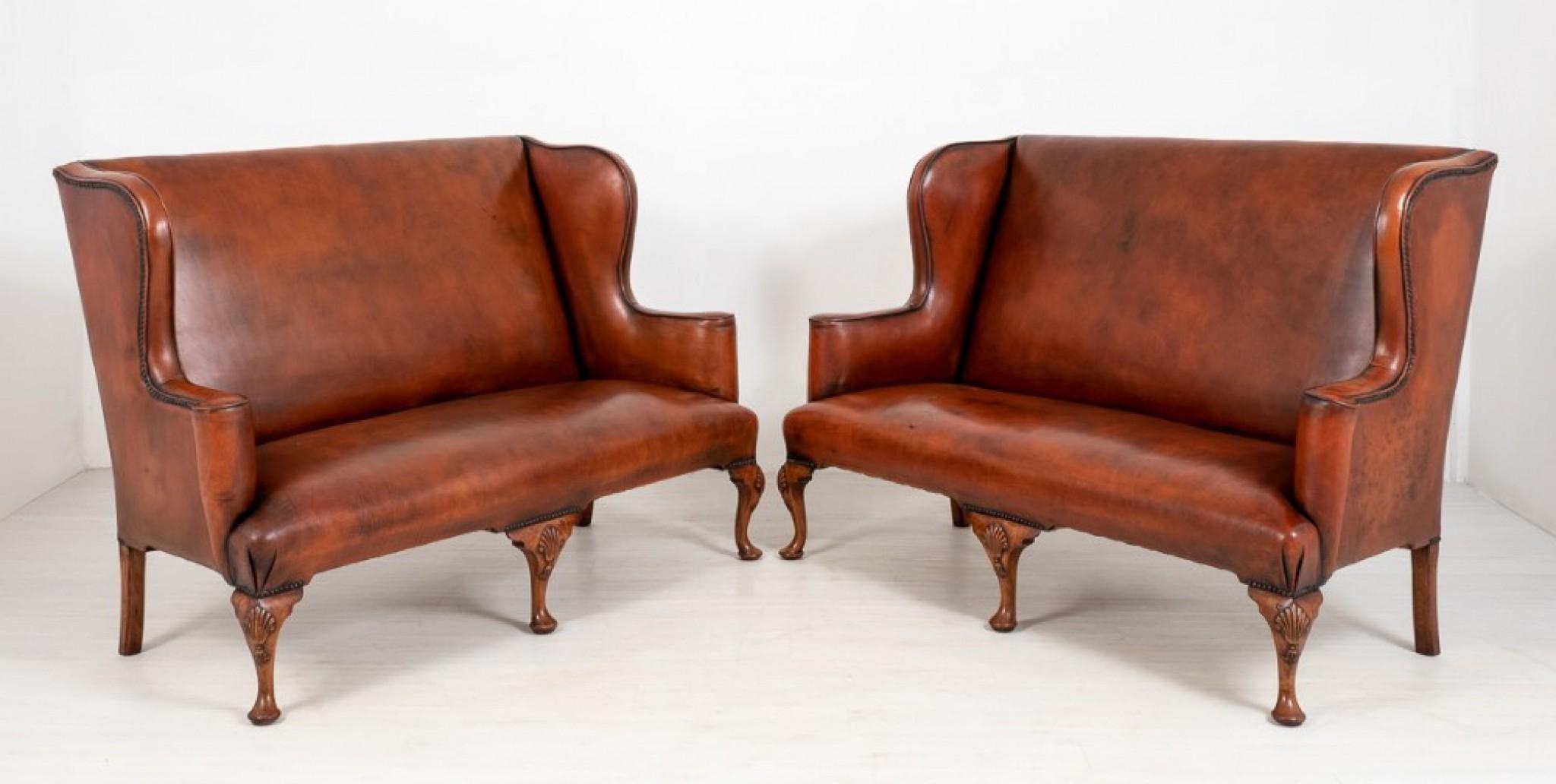 Pair Queen Anne Settee Sofa Leather Arm Chairs For Sale 5