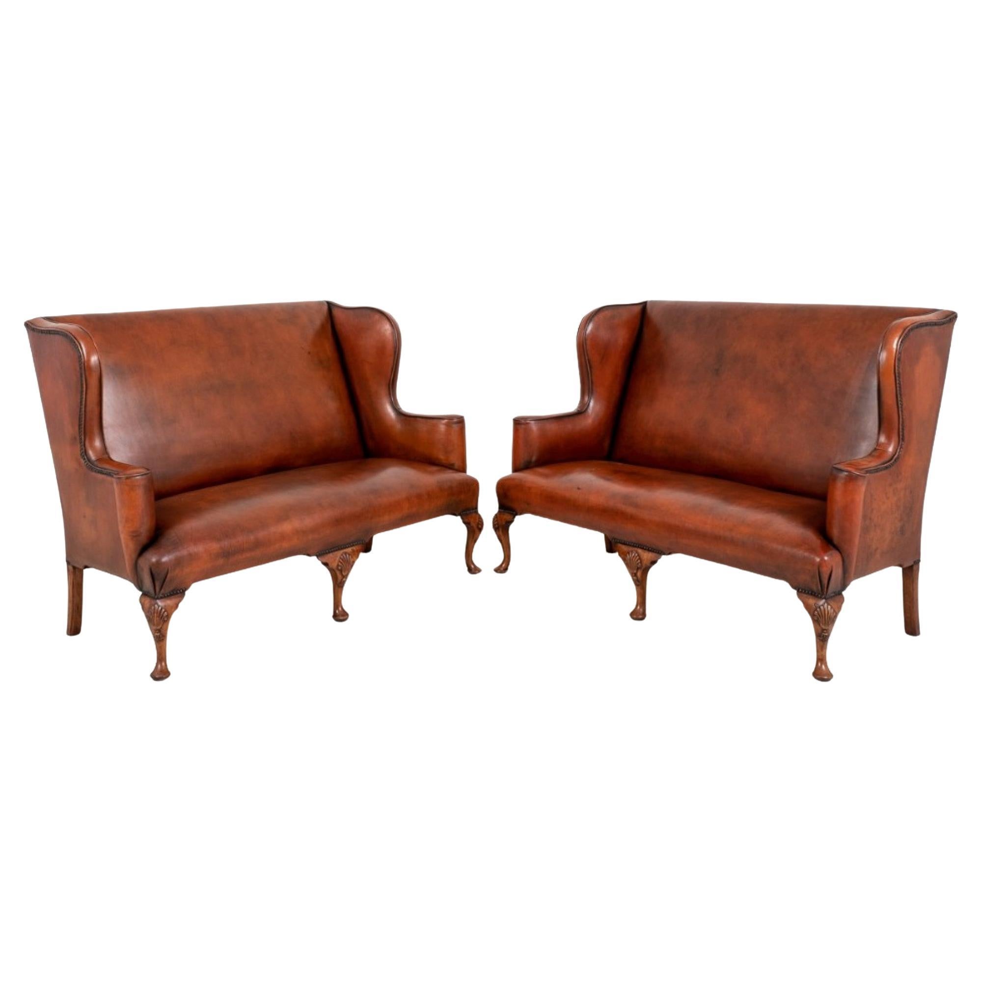 Pair Queen Anne Settee Sofa Leather Arm Chairs