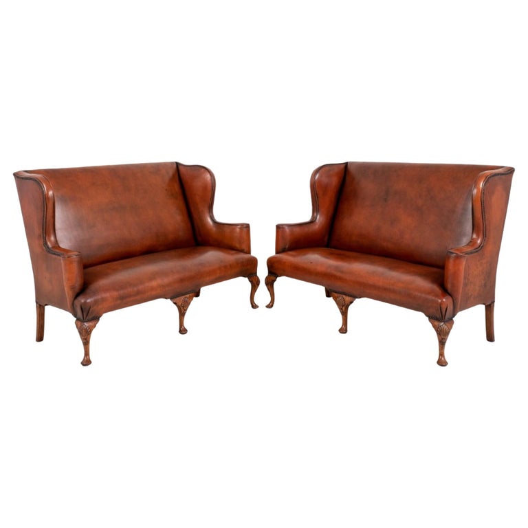 Pair Queen Anne Settee Sofa Leather Arm Chairs For Sale at 1stDibs