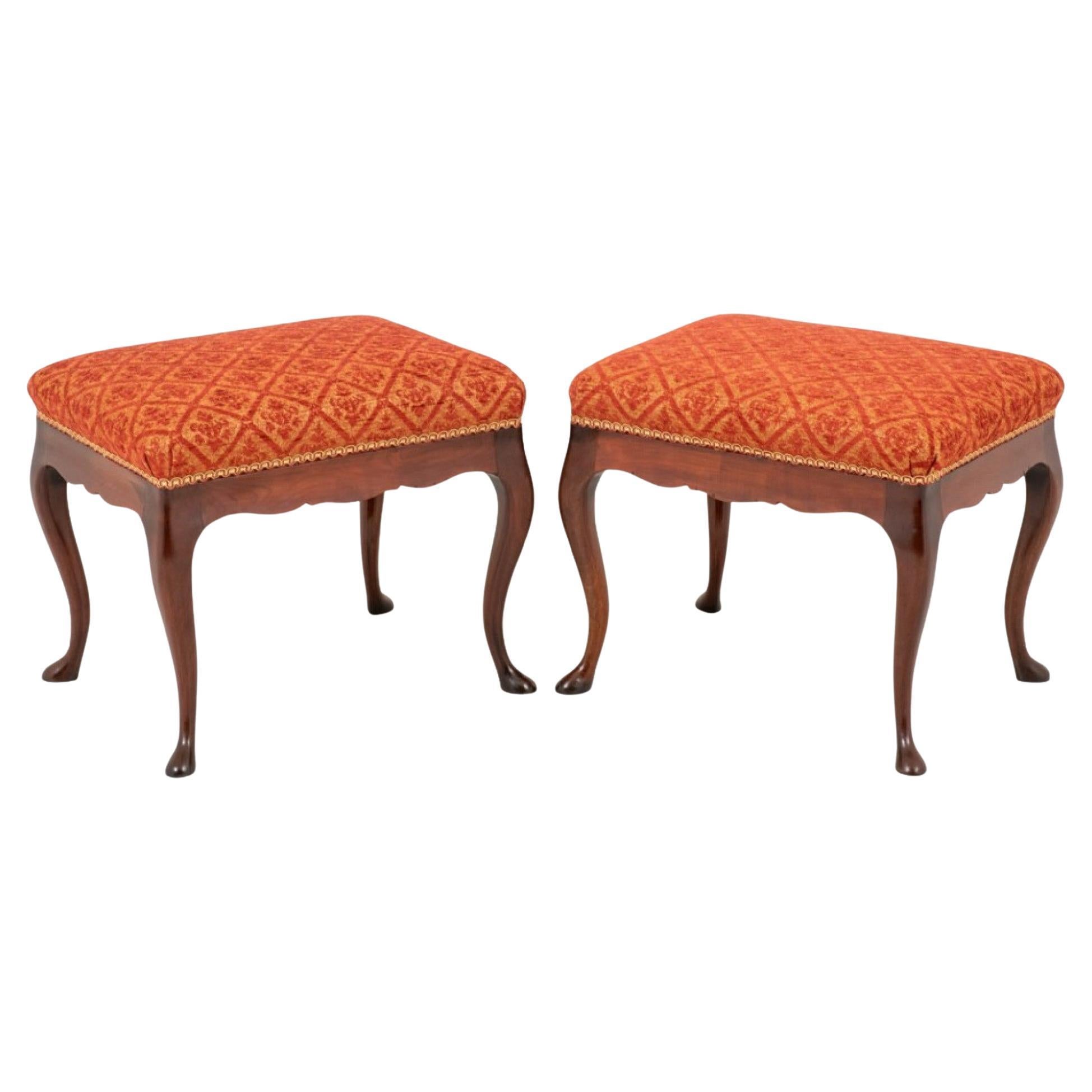 Pair Queen Anne Stools Mahogany Seats, 1890