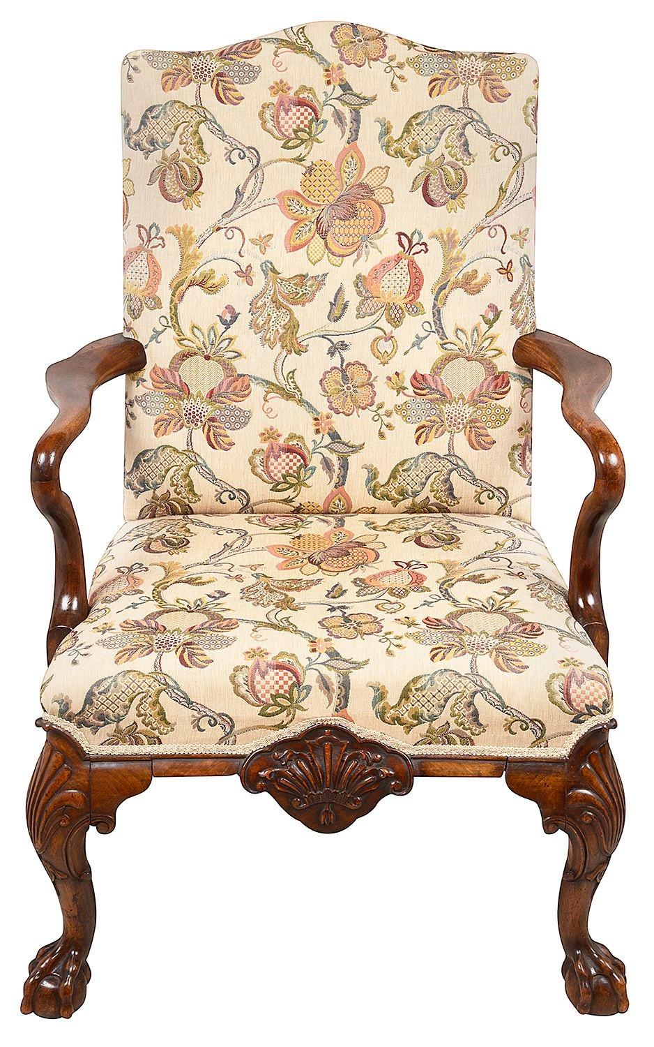 Walnut Pair Queen Anne style arm chairs, circa 1900 For Sale