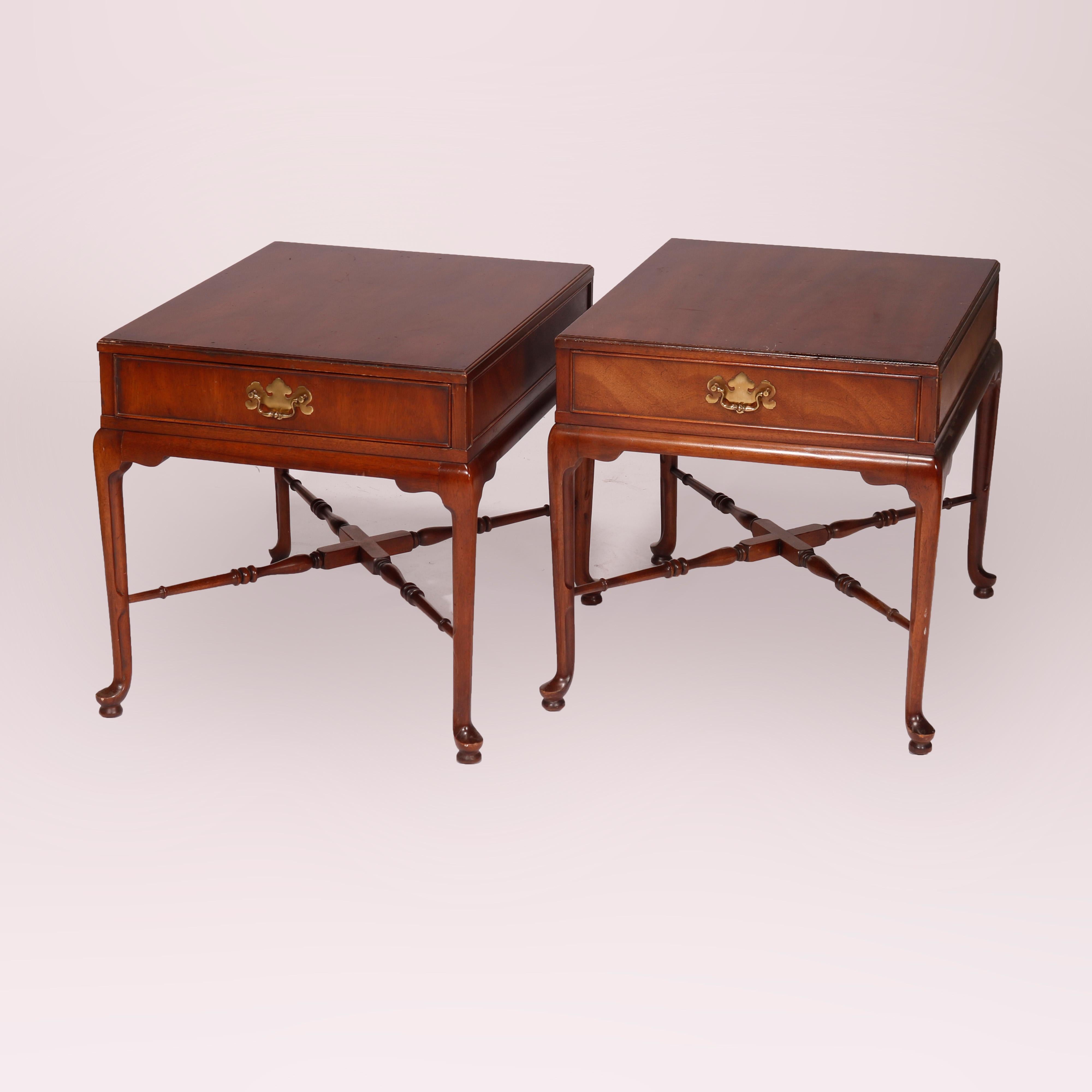 American Pair Queen Anne Style Heritage Signers Collection Walnut Side Tables, 20th C