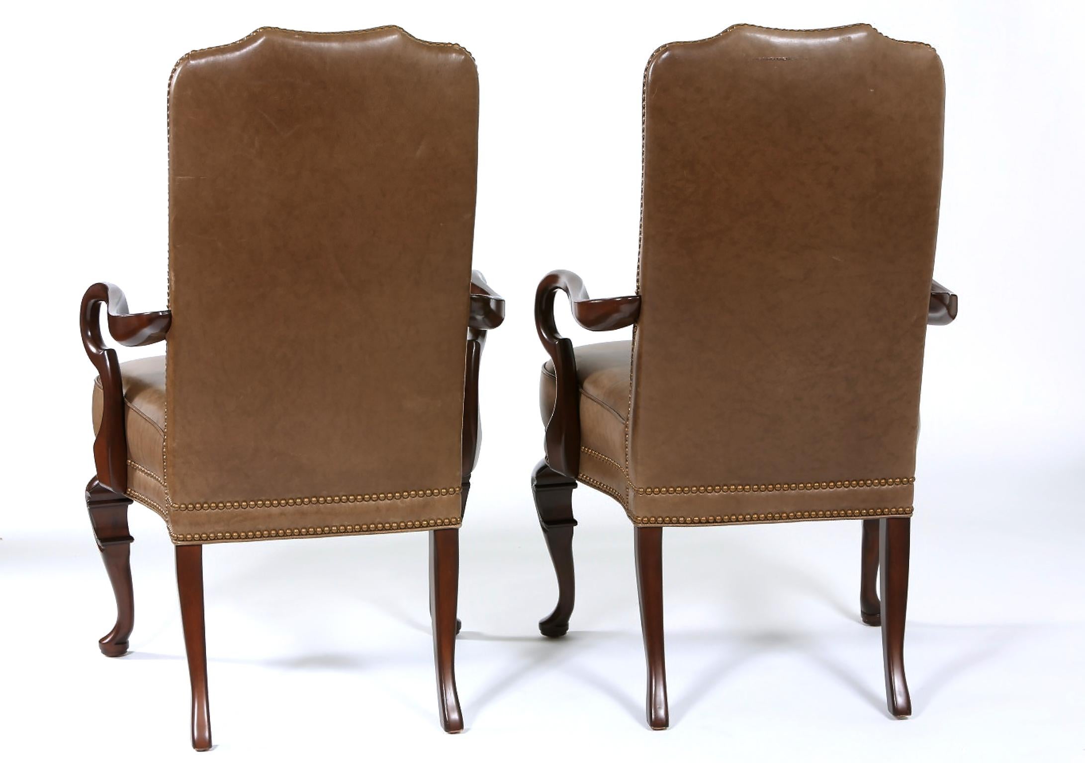 Pair Queen Anne Style Leather Armchairs In Good Condition In Tarry Town, NY