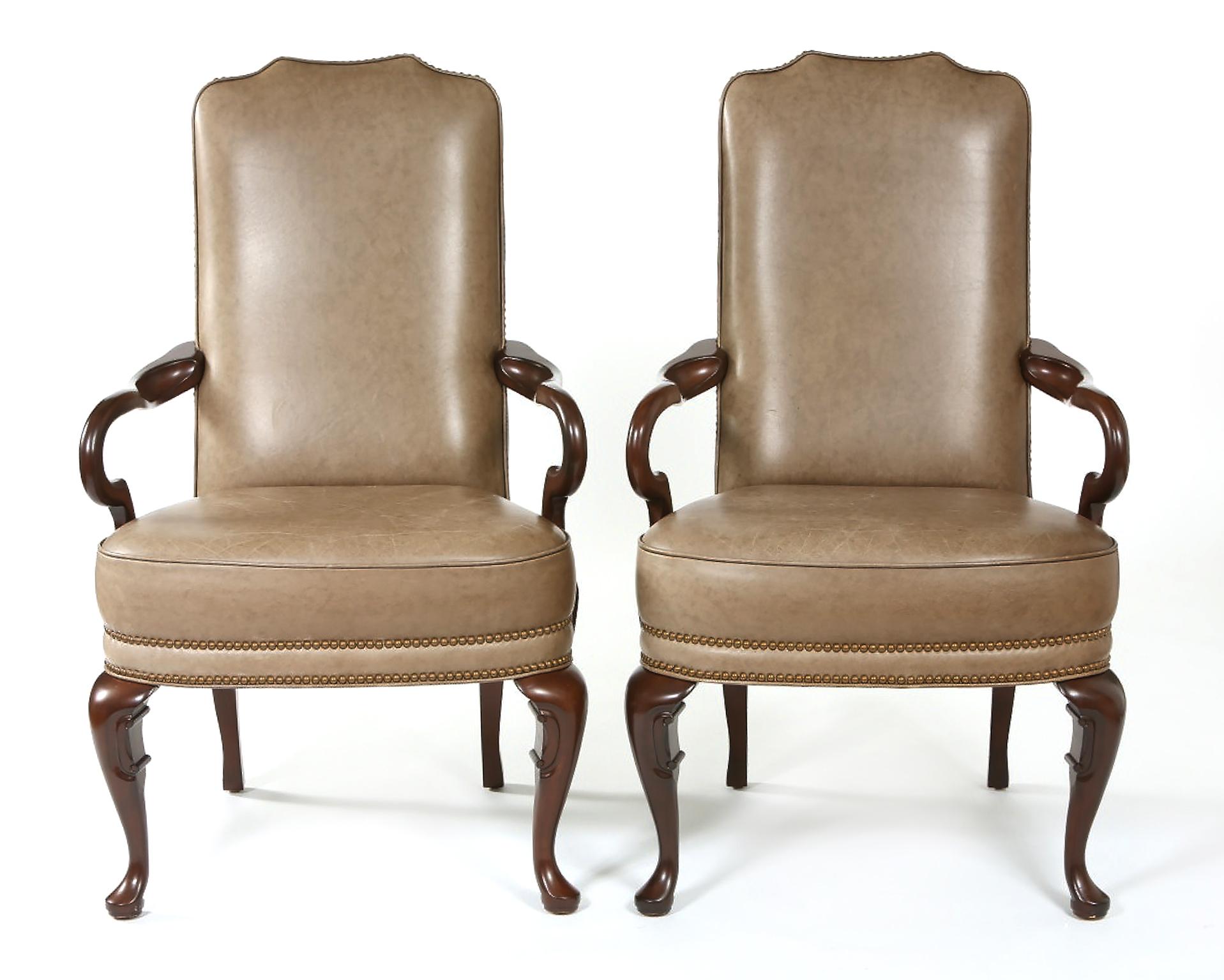 Pair Queen Anne Style Leather Armchairs 1