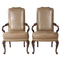 Vintage Pair Queen Anne Style Leather Armchairs