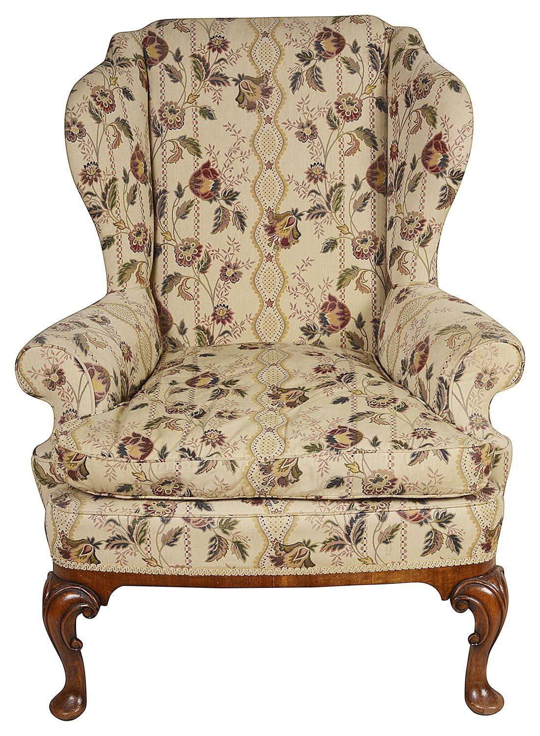 English Pair Queen Anne Style Walnut Wing Arm Chairs, circa 1920