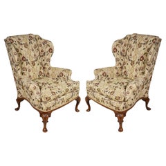 Vintage Pair Queen Anne Style Walnut Wing Arm Chairs, circa 1920