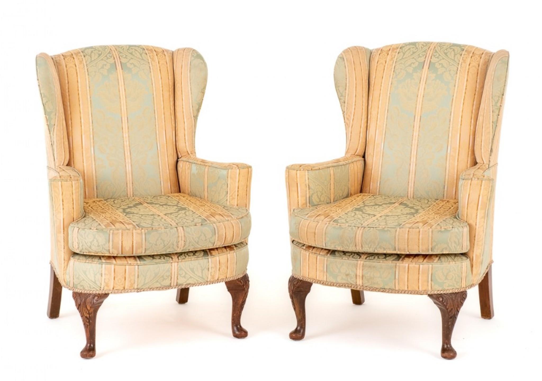 Pair Queen Anne Wing Chairs Cabriole Legs For Sale at 1stDibs