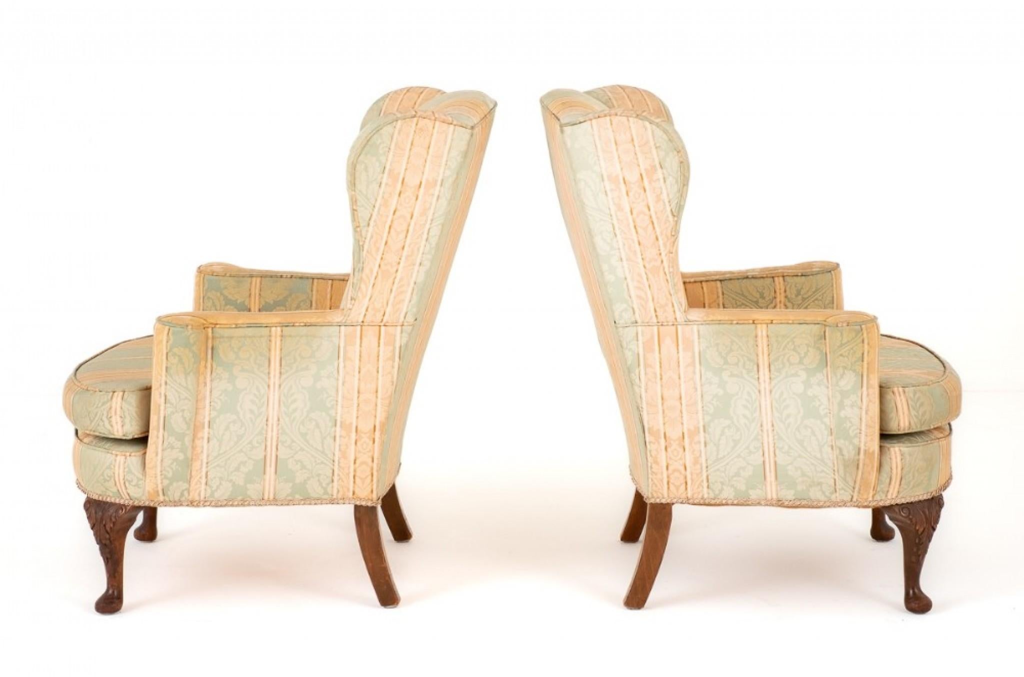 Pair Queen Anne Wing Chairs Cabriole Legs For Sale at 1stDibs