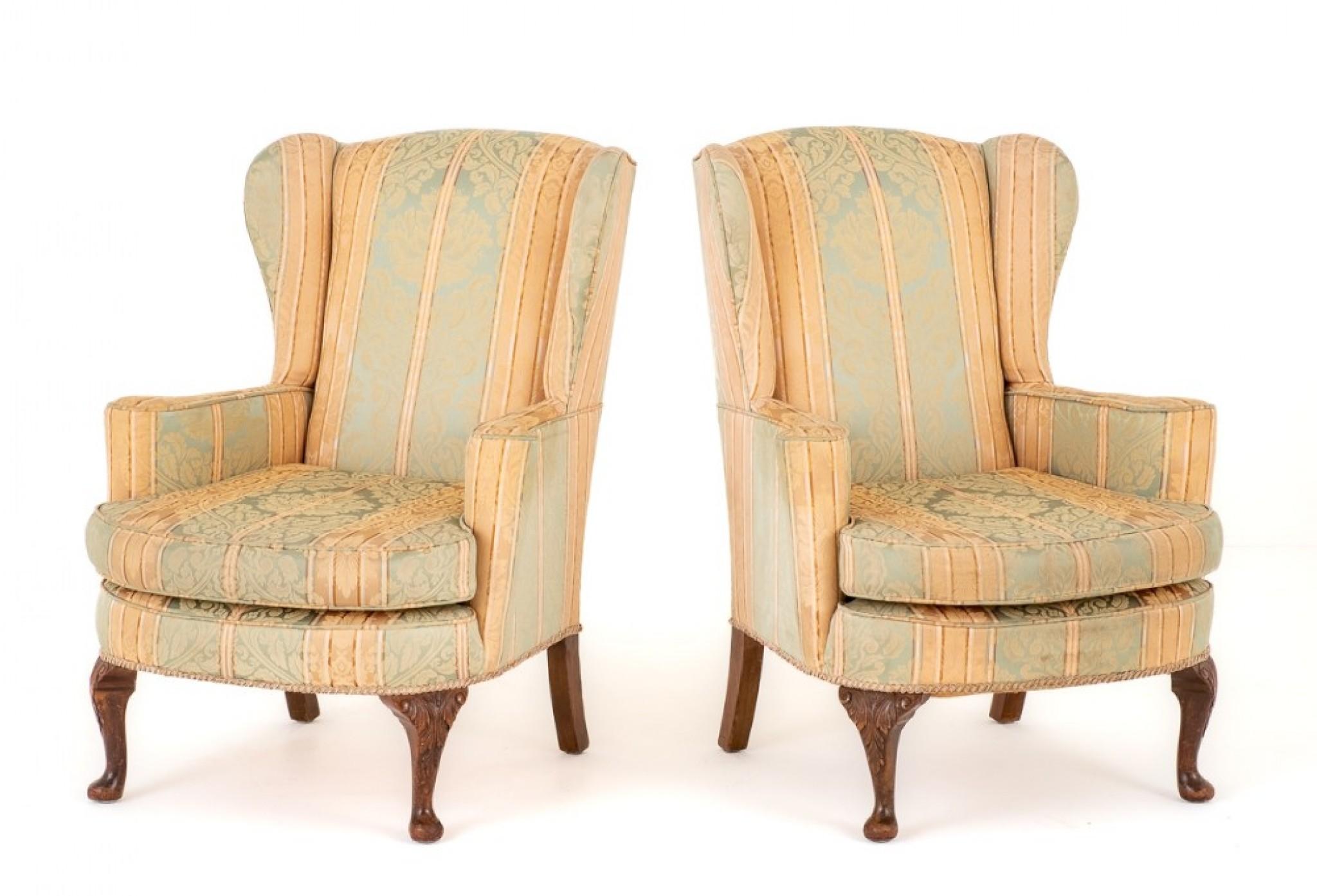 Pair Queen Anne Wing Chairs Cabriole Legs For Sale at 1stDibs