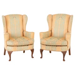 Pair Queen Anne Wing Chairs Cabriole Legs