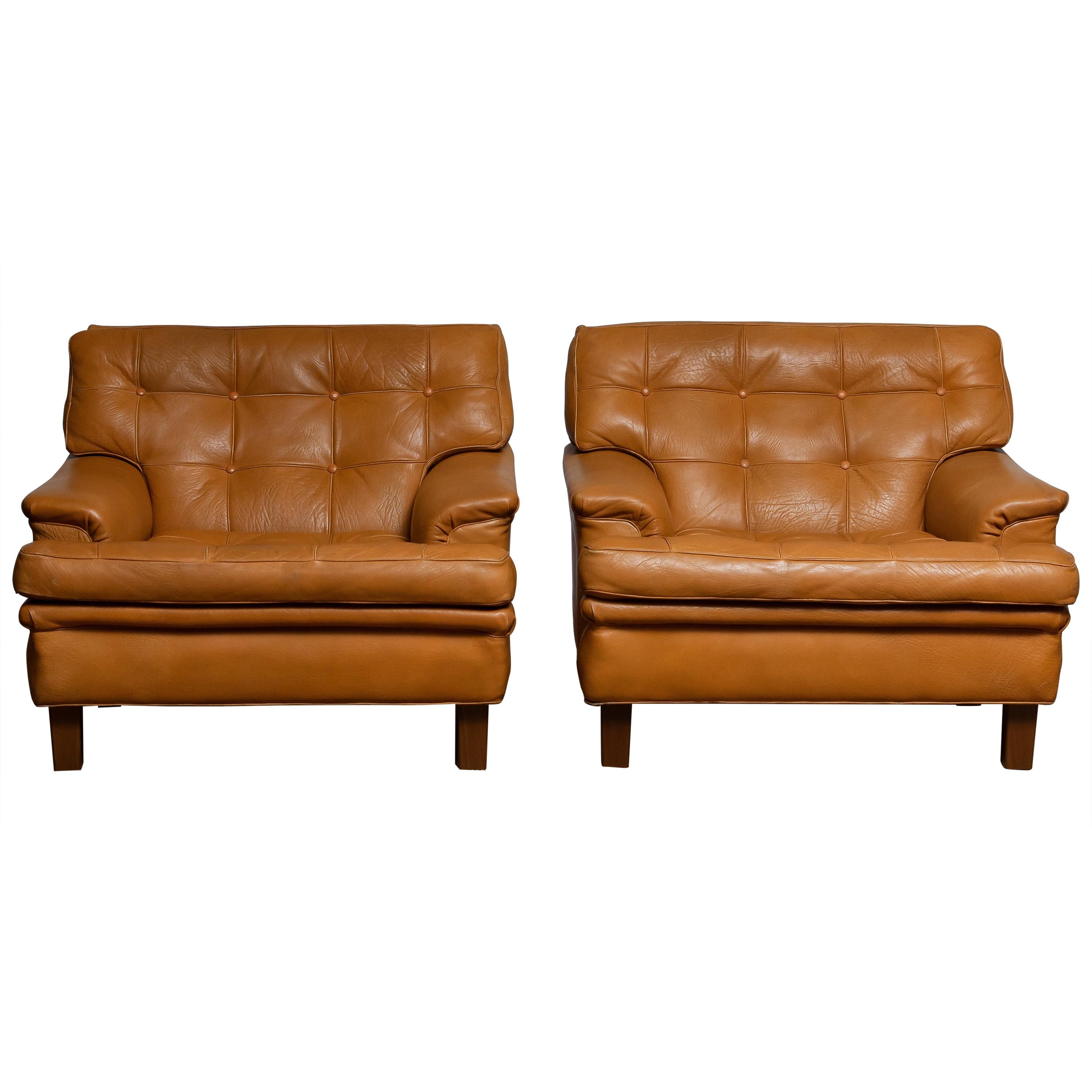 Pair of Quilted Buffalo Leather "Merkur" Chairs by Arne Norell A.B. Sweden 1960s