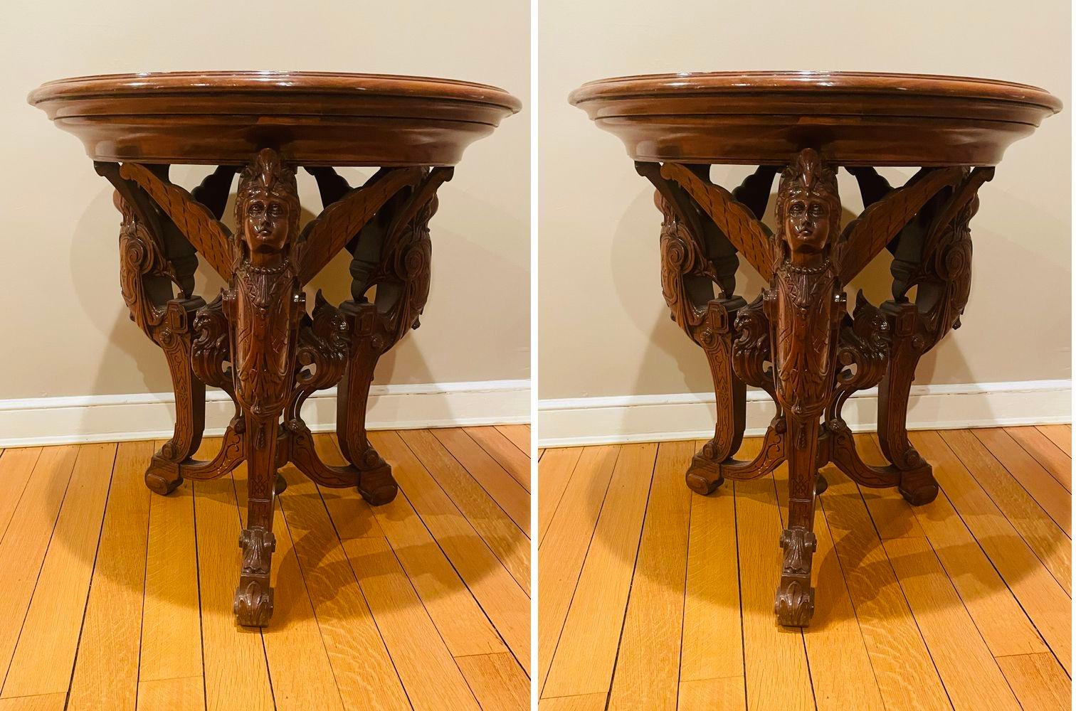 A Rare Pair of R.J. Horner End Tables, Side Tables or Pedestals
This stunning rare pair of end or side tables is simply magnificent. The one of a kind pair having finely inlaid table tops depicting a center star with inlaid stars flanking a central