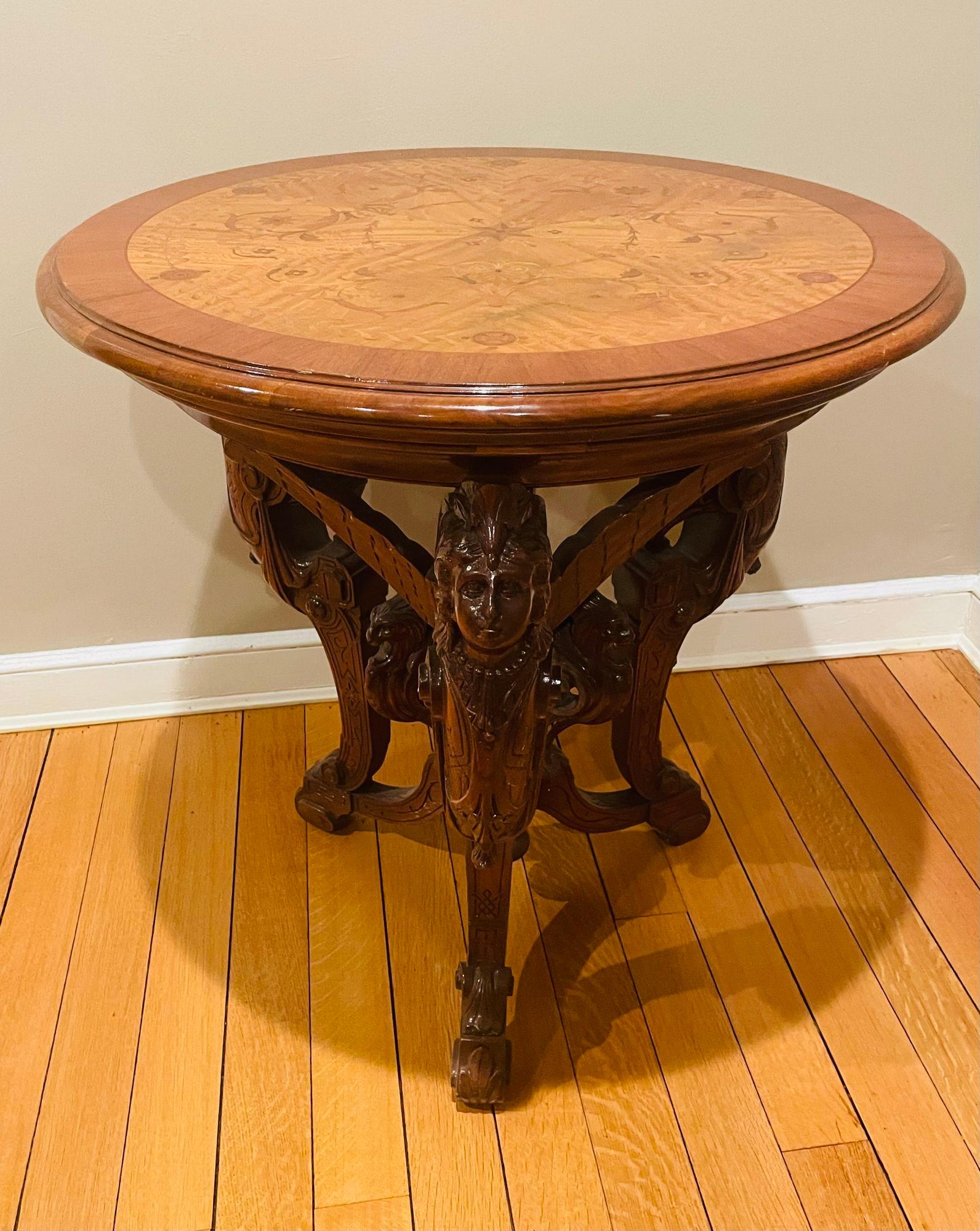 Renaissance Revival Pair R. J. Horner End Tables, Side or Pedestal Tables, Carved, Inlaid, Rare For Sale