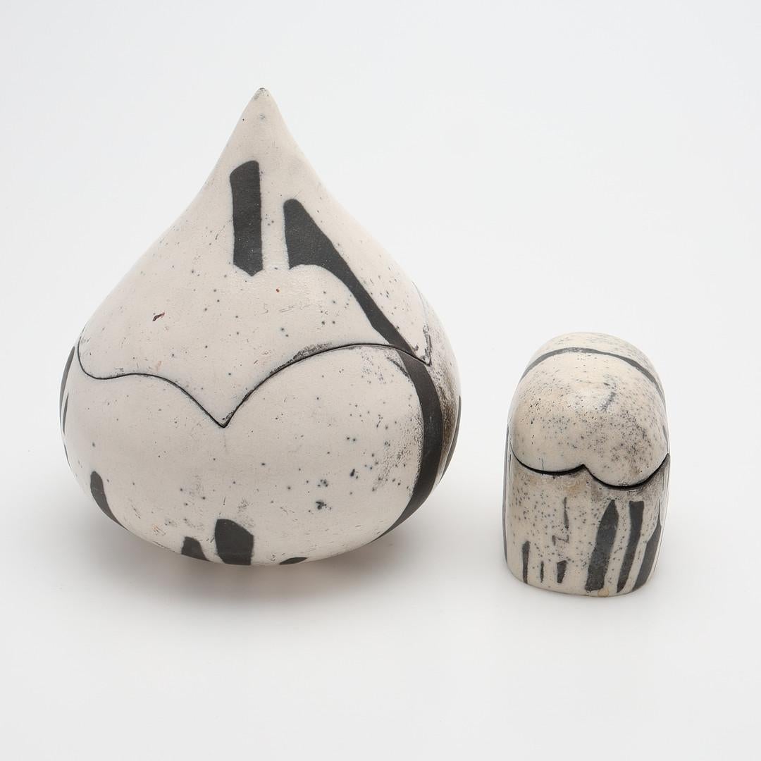 Ceramic Pair Raku burnt earthenware lidded bowls by Ilja Pronk For Sale