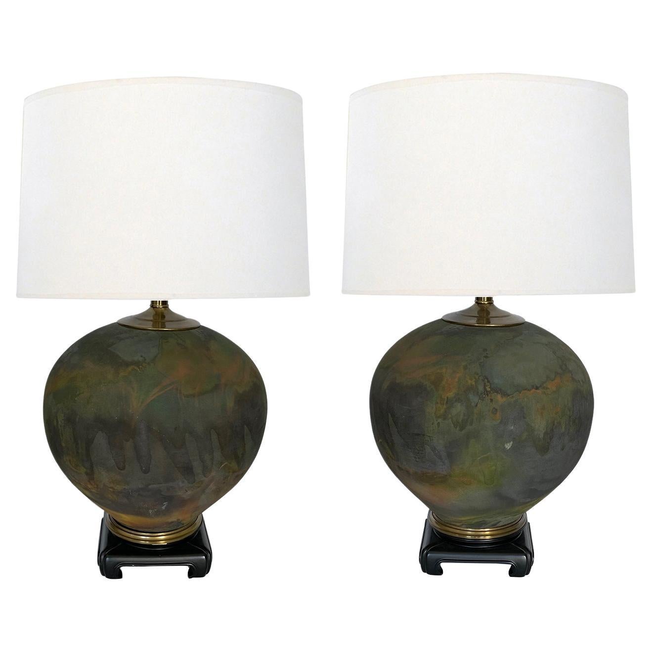Pair Raku-glazed Studio Pottery Spheroid-shaped Lamps For Sale