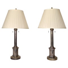 Pair, Ralph Lauren Silvered Brass Table Lamps Plisse Silk Shades Double Socket