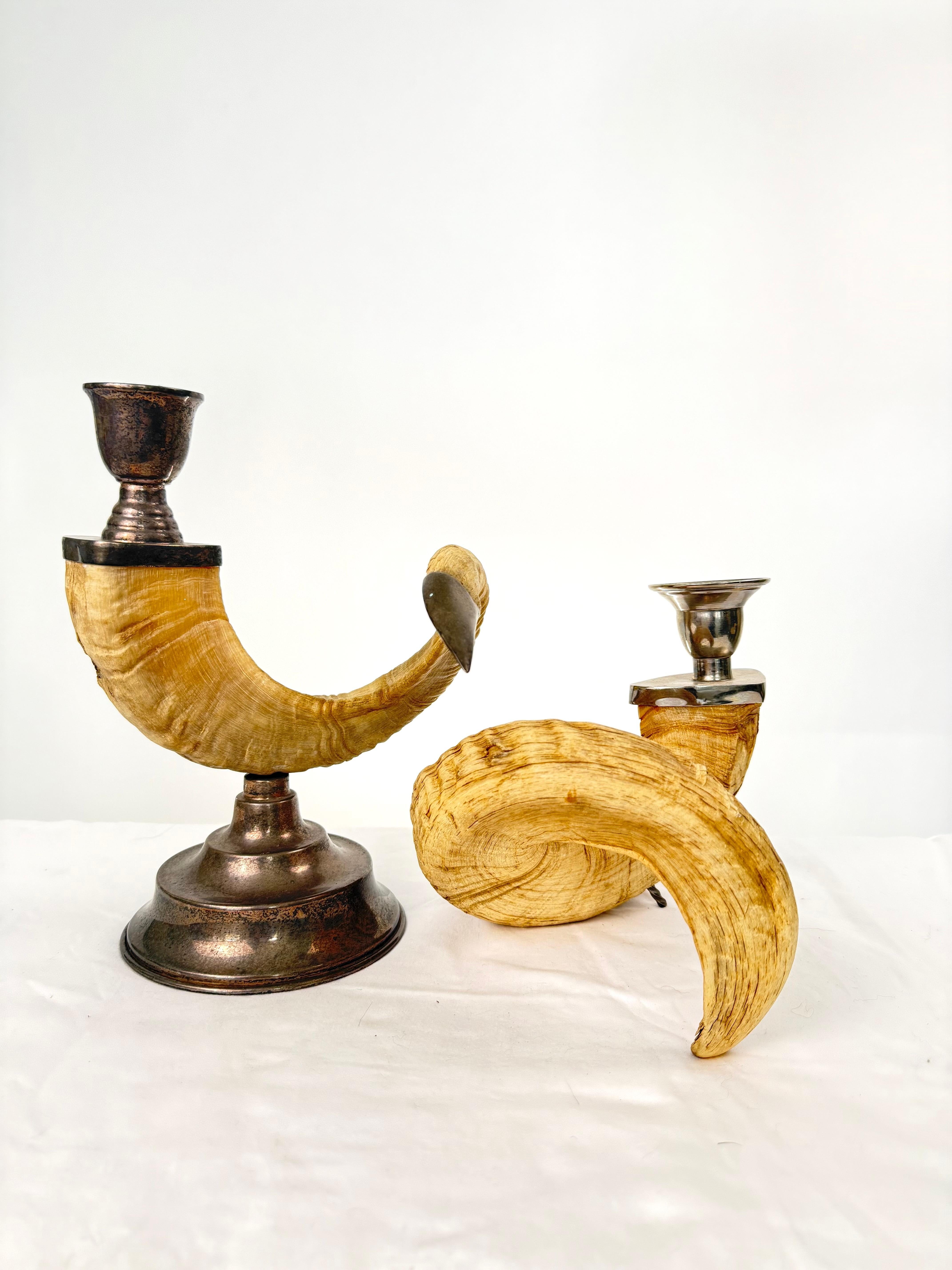 Pair Ram Horn Candlesticks In Good Condition For Sale In Dallas, TX