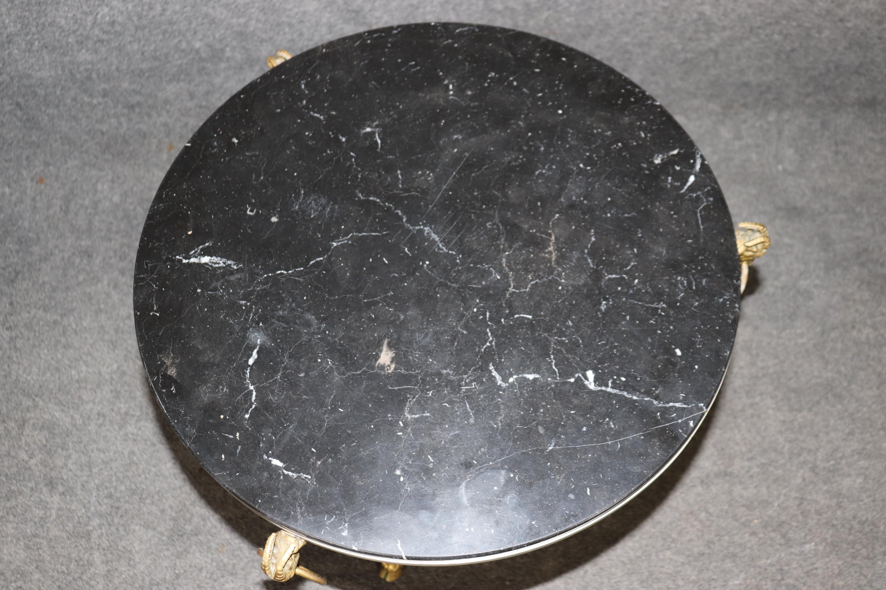 French Pair Rams Head Maison Jansen Brass and Steel Marble Top Gueridon Tables For Sale