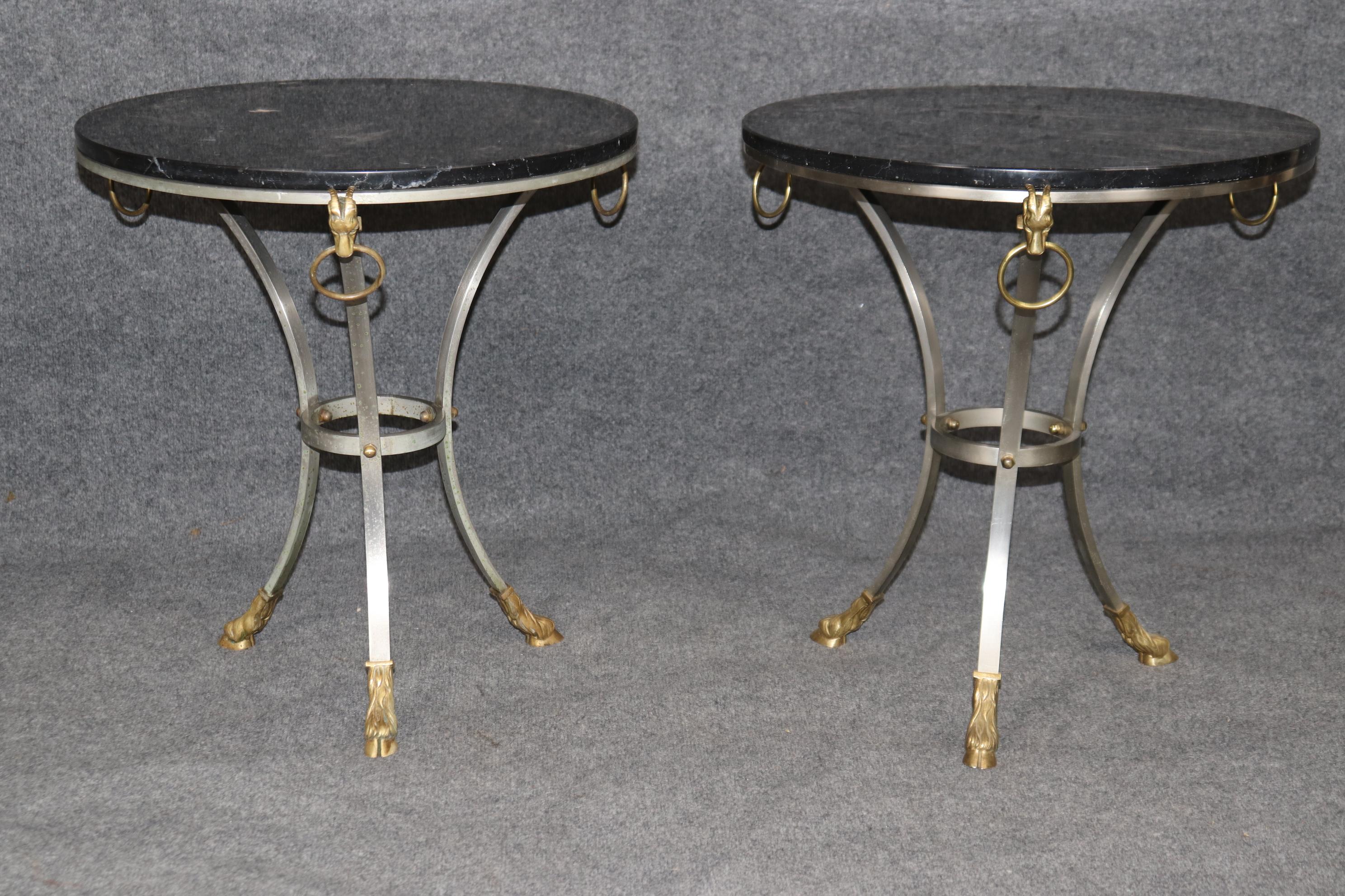 Late 20th Century Pair Rams Head Maison Jansen Brass and Steel Marble Top Gueridon Tables For Sale